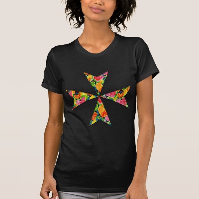 Camiseta Cruz Maltesa de Coração Multicolorida (Frente)