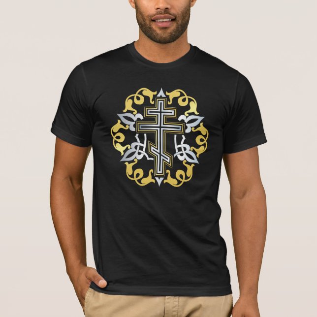 Camiseta Cruz Ortodoxa Dourada com Ornamentos (Frente)