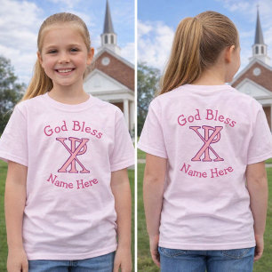 Camiseta Cruz Rosa Cristã Chi Ro Nome Deus Abençoe Meninas