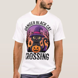 Camiseta Cruzamento de Gato Preto Perigo de Halloween