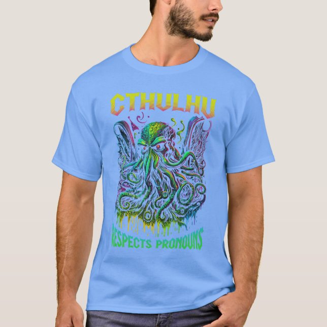 Camiseta Cthulhu Respects Pronouns LGBTQ Gay Pride Horror C (Frente)