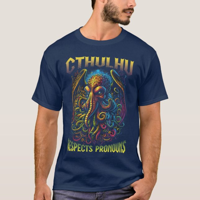 Camiseta Cthulhu Respects Pronouns LGBTQ Gay Pride Horror C (Frente)