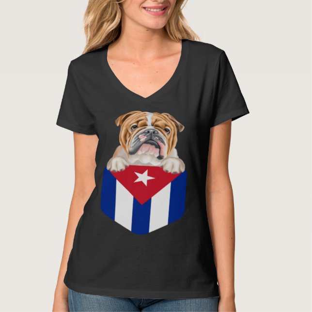 Camiseta Cuba Flag Bulldog Dog In Pocket (Frente)
