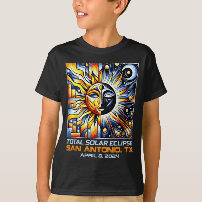 Camiseta Cubismo Eclipse Total do Sol San Antonio Texas (Frente)