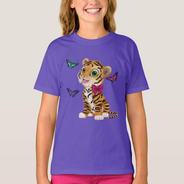 Camiseta Cubo de Tigre Cubo com Arco e Borboletas Rosa (Frente)