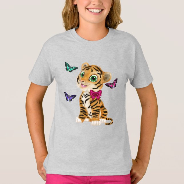 Camiseta Cubo de Tigre Cubo com Arco e Borboletas Rosa (Frente)