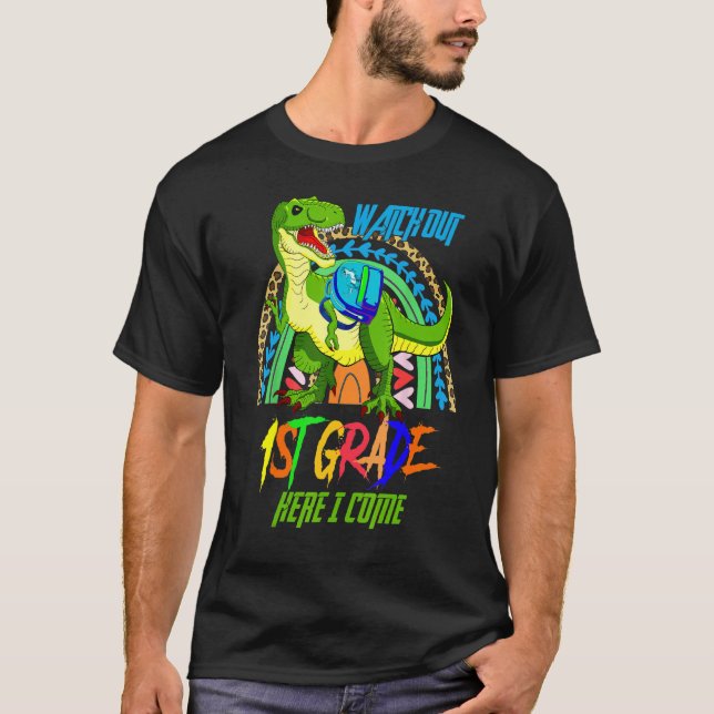 Camiseta Cuidado Com As Crianças De Dinossauro Da Grau 1rua (Frente)