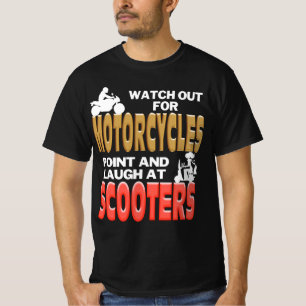 Camiseta Cuidado Com Motociclos... Ria em Patinetes