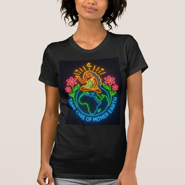 Camiseta Cuide da Mãe Terra – Arte da Deusa da Terra em Neo (Frente)