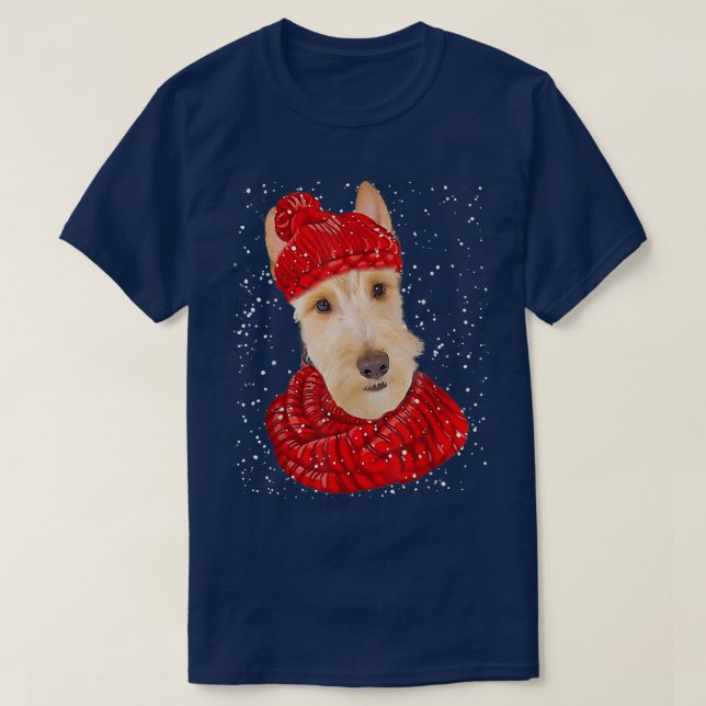 Camiseta Cuja Boca Escocesa Terrier Dog Xmas Hat Scarf (Frente do Design)