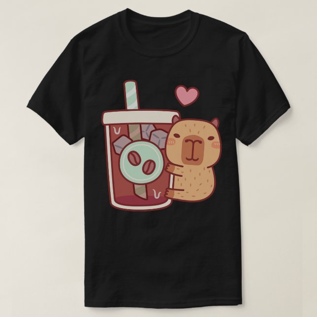 Camiseta Cuja Pequena Capybara Abraça Café Forçado (Frente do Design)