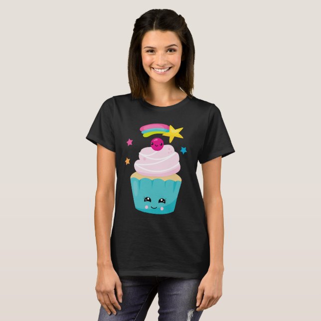 Camiseta Cupcake azul-bonito com a face Kawaii (Frente Completa)