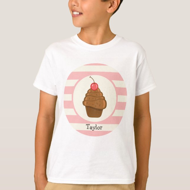 Camiseta Cupcake de chocolate com riscas de cereja e rosa (Frente)