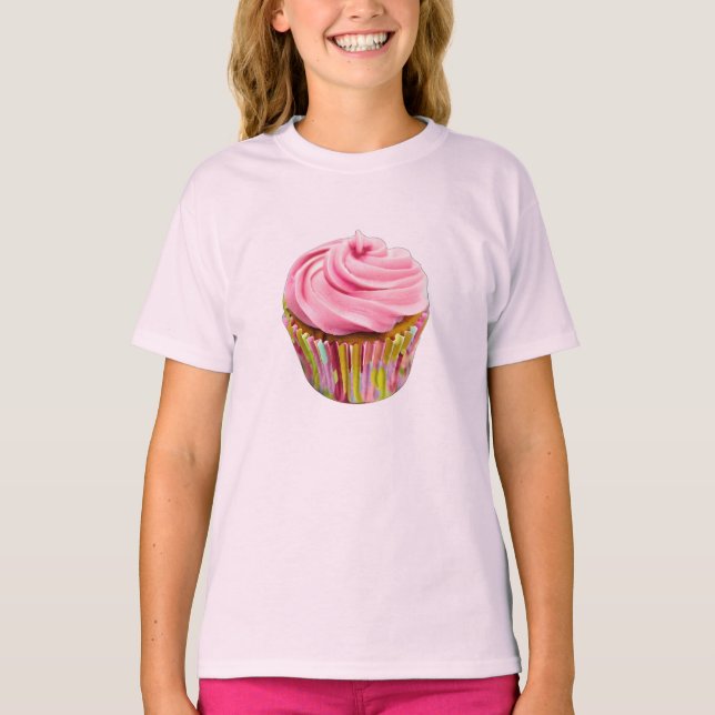 Camiseta Cupcake de morango com Glacé rosa (Frente)