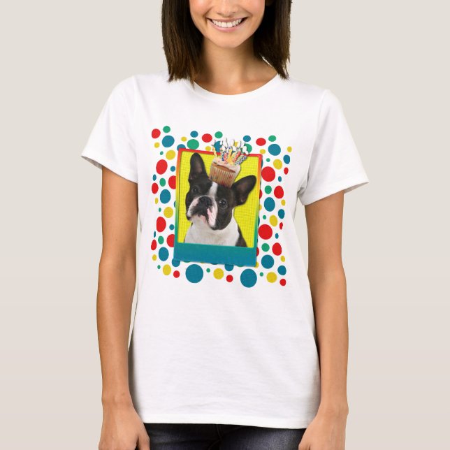 Camiseta Cupcake do aniversário - Boston Terrier (Frente)