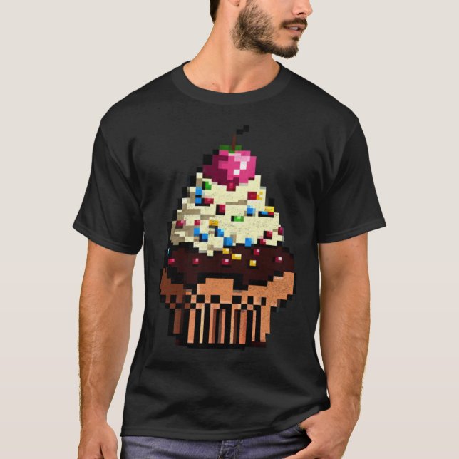 Camiseta Cupcake Pixel 8 bit Retro Hungry Byte Game Cake Fo (Frente)