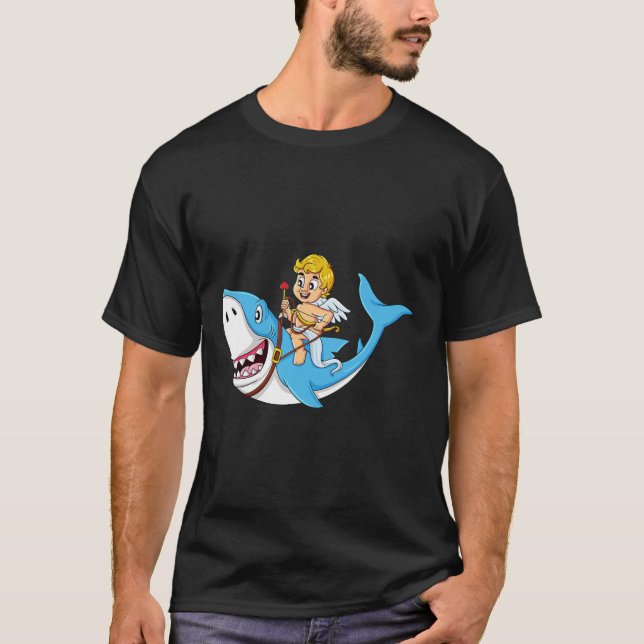 Camiseta Cupid Riding Shark Dia de os namorados Divertido M (Frente)