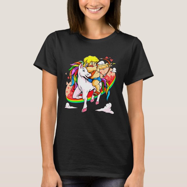 Camiseta Cupid Riding Unicorn Valentine s Day Girls Kids (Frente)