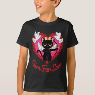Camiseta Cupido De Gato Kawaii Preto Com Peles De Coração E
