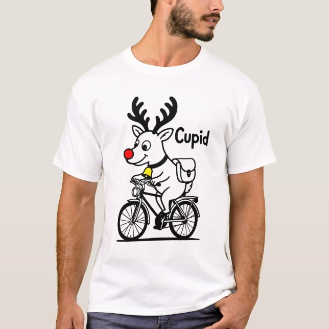 Camiseta Cupido O Renas Montado em uma Bicicleta (Frente)
