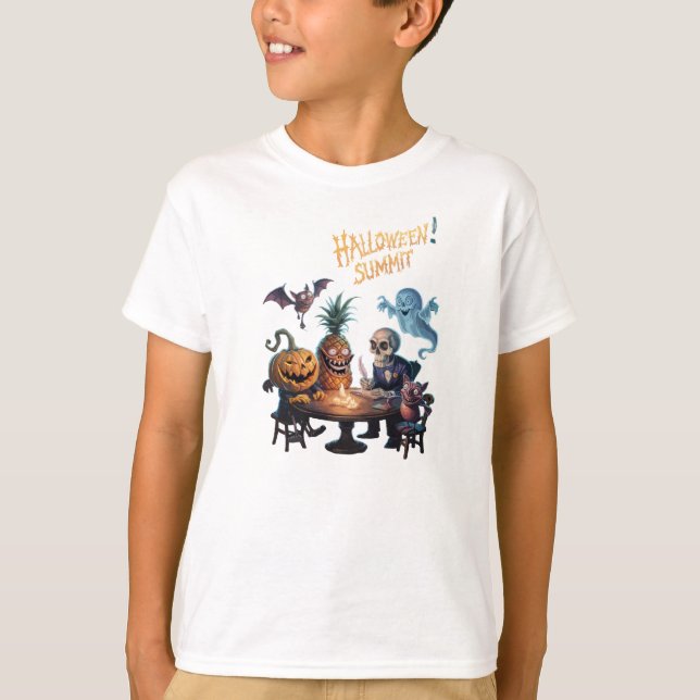 Camiseta Cúpula do Halloween por Skeleton, morcegos, abóbor (Frente)