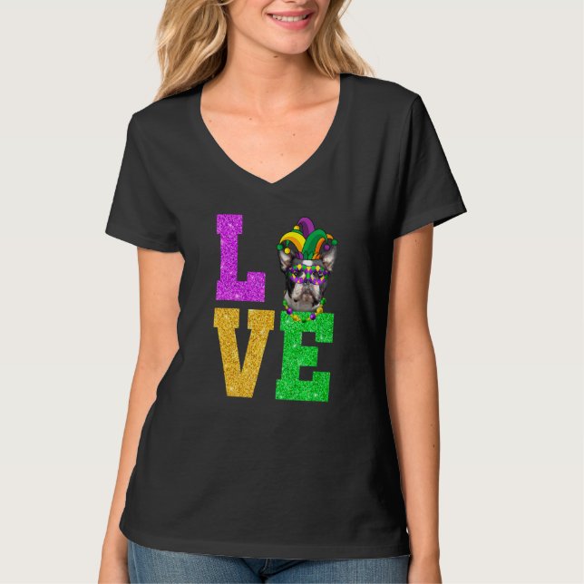 Camiseta Curioso Eu Amo Mardi Gras Boston Terrier Dog Puppy (Frente)