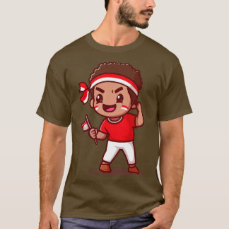 Camiseta Curioso Segurando Cartoon de Bandeira da Indonésia