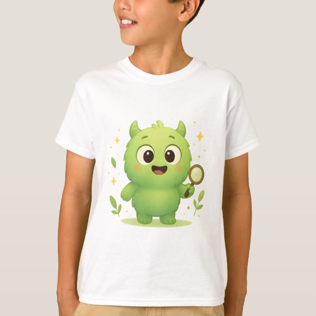 Camiseta Curious Explorer Monster — Cute Green Kids Shirt (Frente)