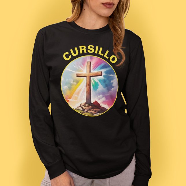 Camiseta Cursillo Wood Cross com arco-íris e nuvens (Criador carregado)