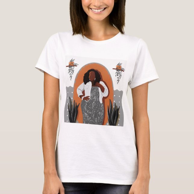 Camiseta Curva, Mulher Negra, Plantas Domésticas, Laranja e (Frente)
