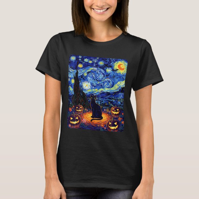 Camiseta Custo de Gato Negra do Halloween do Cat Van Gogh S (Frente)
