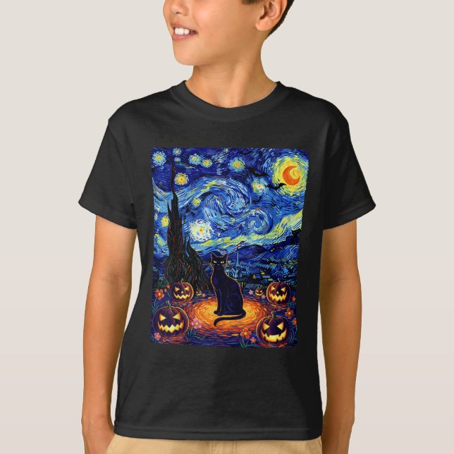Camiseta Custo de Gato Negra do Halloween do Cat Van Gogh S (Frente)