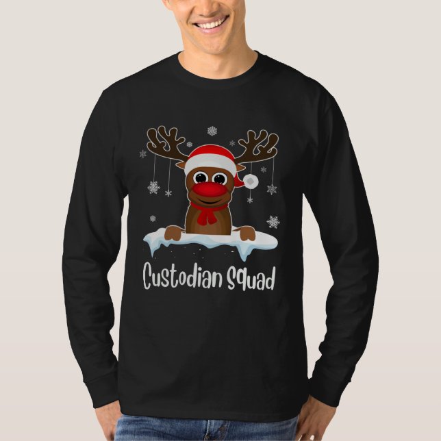 Camiseta Custodian Squad Xmas Reindeer Santa Hat Christmas  (Frente)