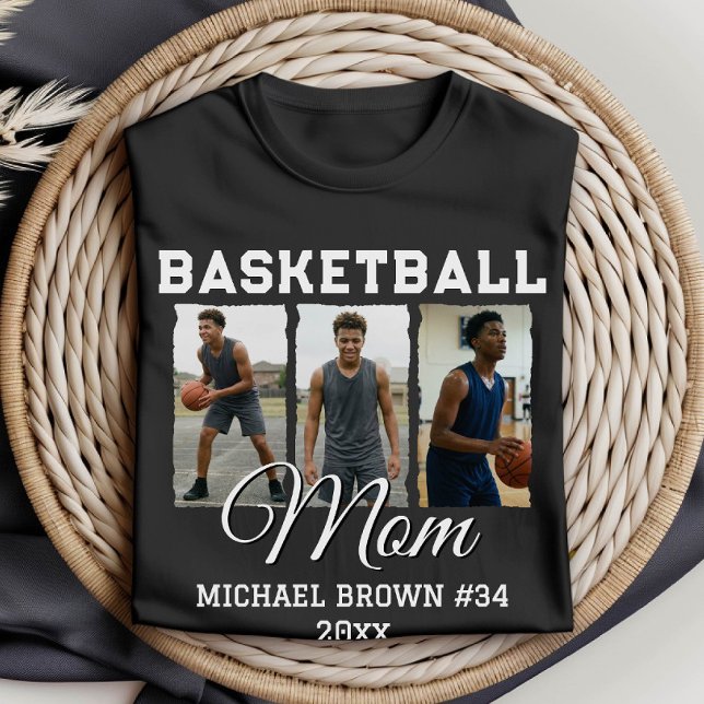 Camiseta Custom Basketball Mom 3 Photo Collage Name Number (Criador carregado)
