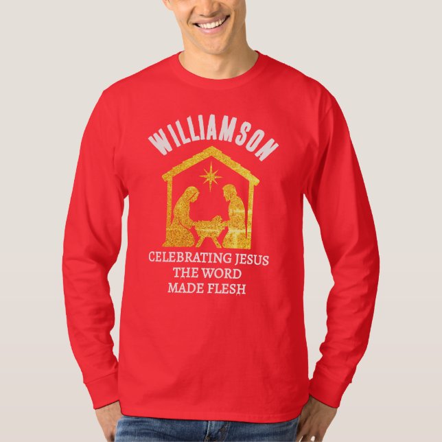 Camiseta Custom Christian Glitter Nativity Family Christmas (Frente)