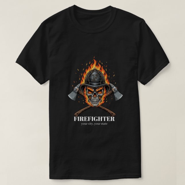 Camiseta Custom Firefighter Flame Skull Inferno Crossed  (Frente do Design)