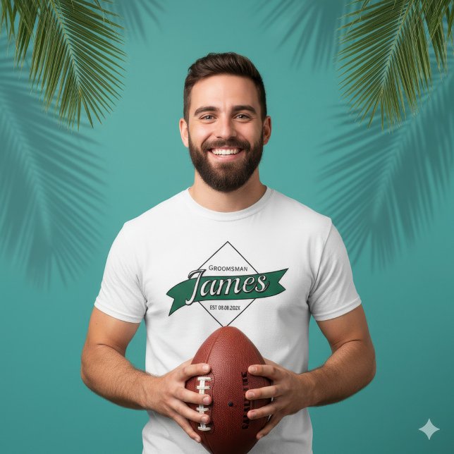 Camiseta Custom Groomsman James Vintage Green Ribbon Script (Vintage Style Groomsman Personalized Name Wedding T-Shirt)
