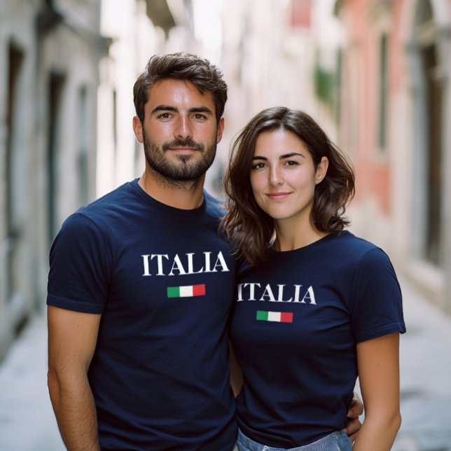 Camiseta Custom Italy T-Shirt – Italia, Sicilia, Umbria etc (Italian Couple wearing Navy T-shirts with Italia and small Italian flag icon)