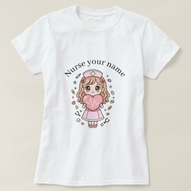 Camiseta Custom Kawaii Nurse T-Shirt – Pastel Chibi Nurse (Frente do Design)