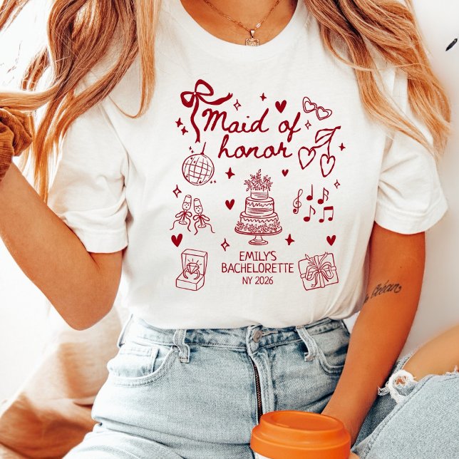 Camiseta Custom Maid of Honor Coquette Red Bow Bachelorette (Criador carregado)