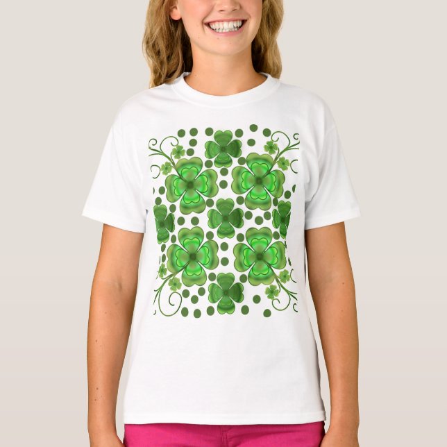 Camiseta Custom Metallic Green Clover & Swirl Pattern  (Frente)