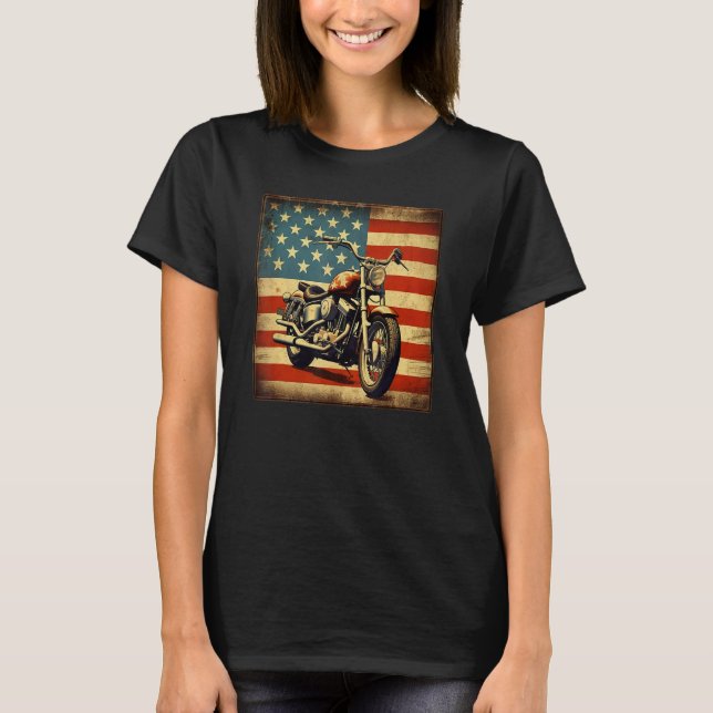 Camiseta Custom Motorcycle Retro USA Flag Retro Biker Vinta (Frente)