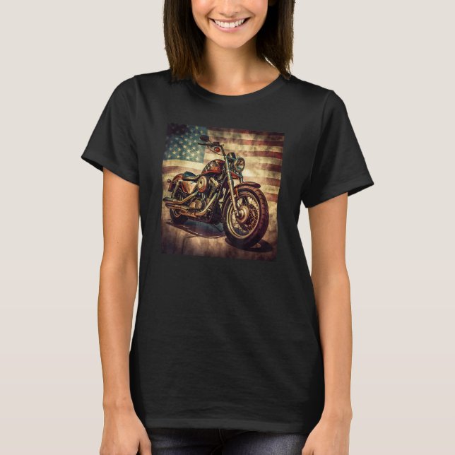 Camiseta Custom Motorcycle Retro USA Flag Retro Biker Vinta (Frente)