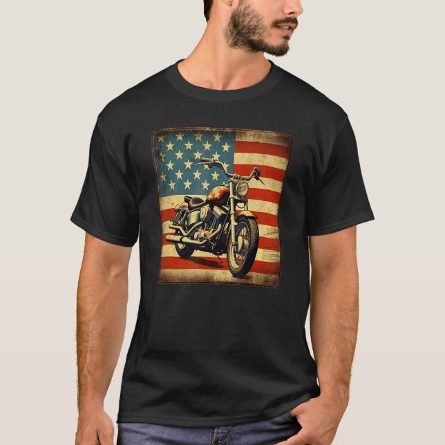 Camiseta Custom Motorcycle Retro USA Flag Retro Biker Vinta (Frente)
