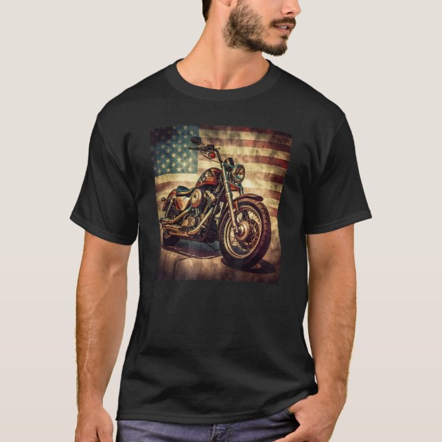 Camiseta Custom Motorcycle Retro USA Flag Retro Biker Vinta (Frente)