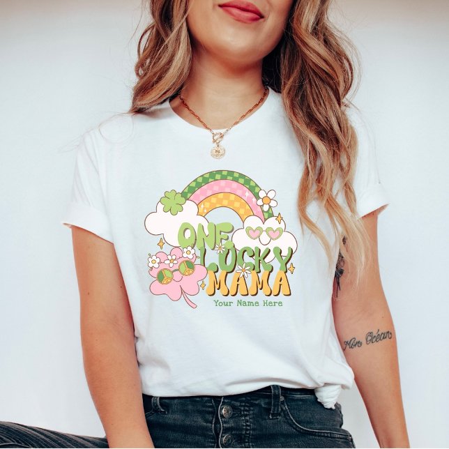 Camiseta Custom One Lucky Mama Retro Groovy Rainbow (Criador carregado)