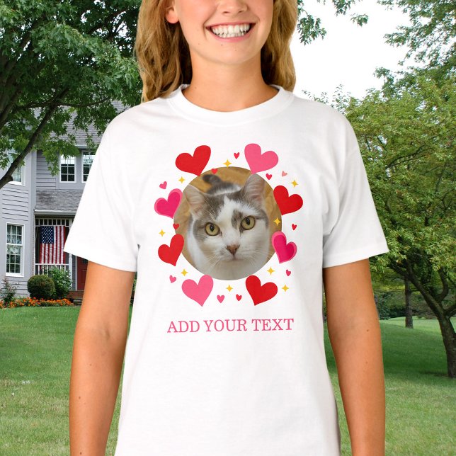 Camiseta Custom Photo Text Red Hearts Personalized Kids (Criador carregado)