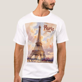 Camiseta Custom Text Watercolor Eiffel Tower Sunset Travel