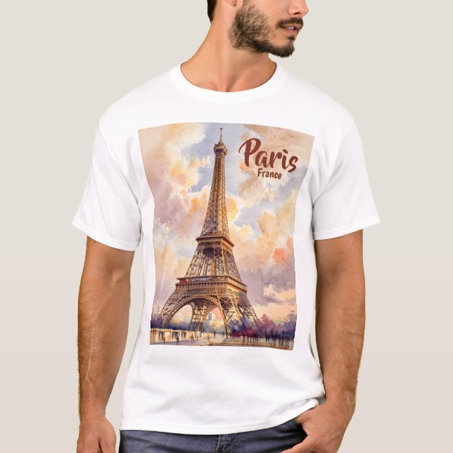 Camiseta Custom Text Watercolor Eiffel Tower Sunset Travel (Frente)