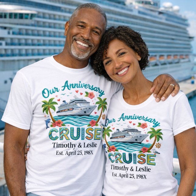 Camiseta Customized Our Anniversary Cruise Faux Embroidery (Personalized Matching Anniversary Cruise Shirts. Checkout Collection for matching Cruise decorations)